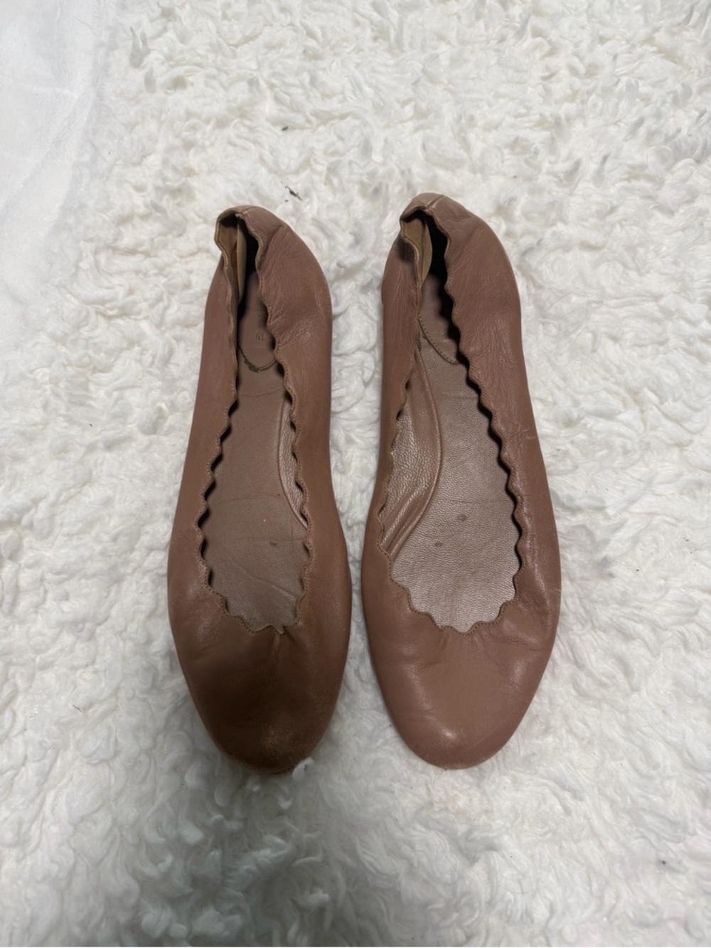 Chloe Brown Leather Scalloped Ballet Flats